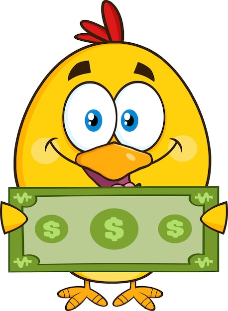 Yellow Chick Cartoon Character Holding Cash Money. Vector Illustration Isolated On White