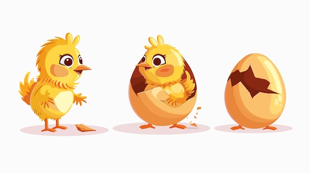 Vector yellow chicken hatching from eggs in process