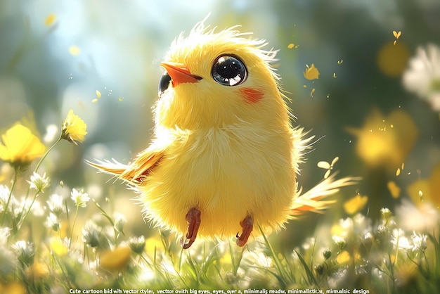 a yellow chicken is standing in a field of dandelions