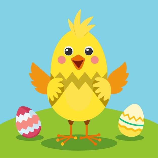 Vector a yellow chicken with a blue background with eggs in the middle