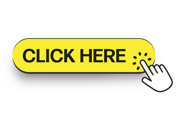 Yellow Click here button with hand pointer clicking icon bubble Click here with hand pointing icon in modern flat style design