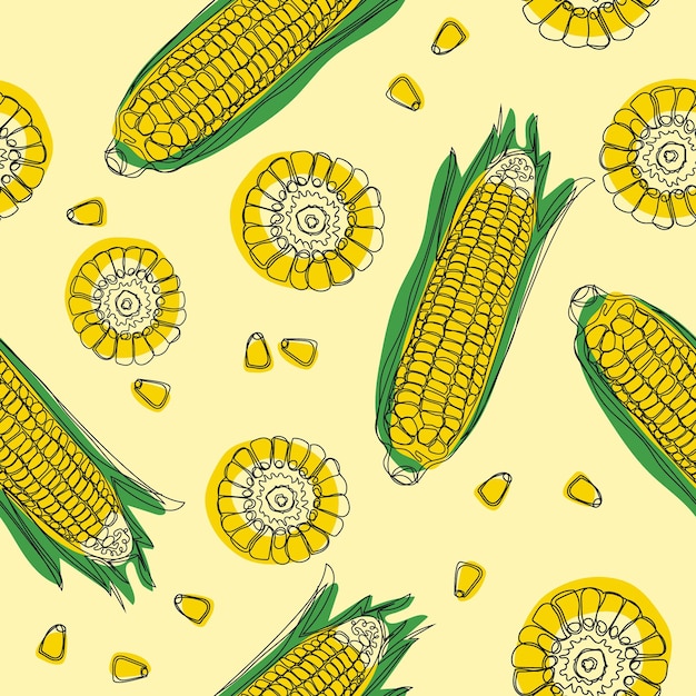 Yellow corncobs with green leaves seamless pattern Ripe corn vegetables