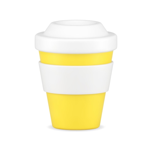 Vector yellow cup for coffee 3d icon cardboard container with white lid and rim