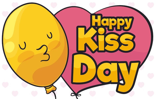 Yellow cute balloon with smooch gesture for Kiss Day event with greeting sign and heart shape