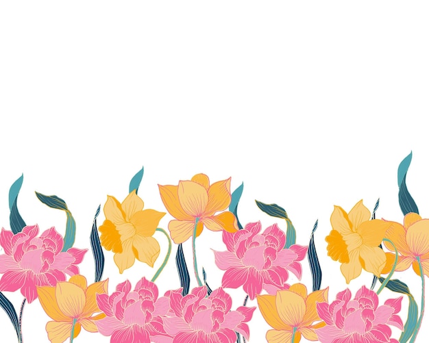 Yellow Daffodil and Pink Peony Hand Drawn Flower Background