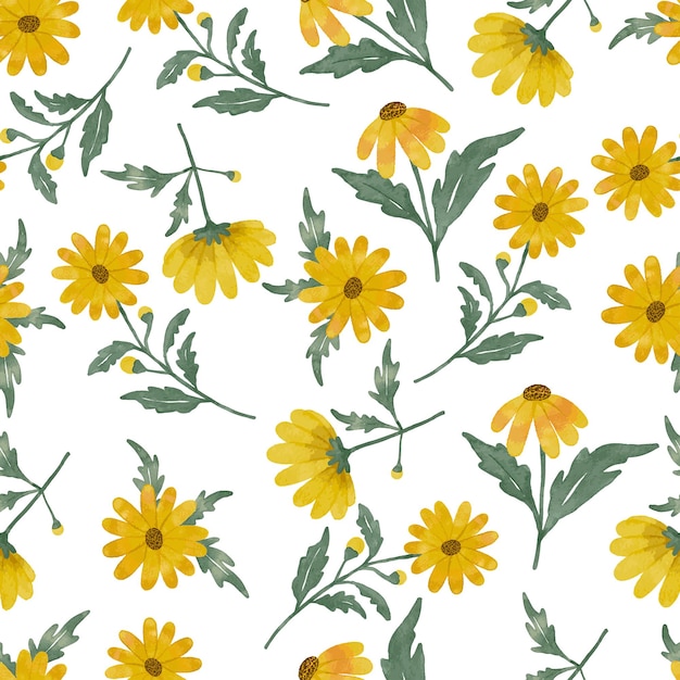 Yellow daisy flower watercolor pattern seamless design hand drawing with yellow flower color and green leaf color