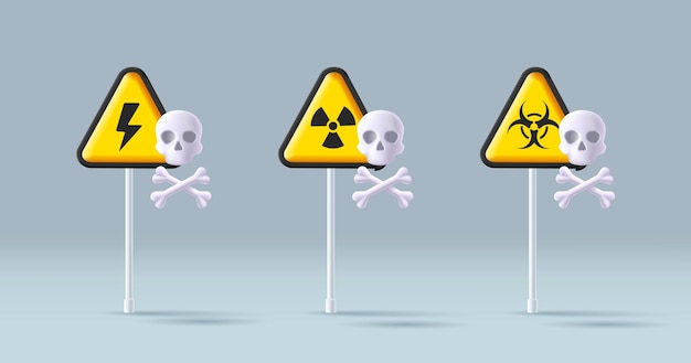 Yellow danger triangle street sign with scull and bones icon scull danger sign set hazard nuclear and high power warning icons isolated