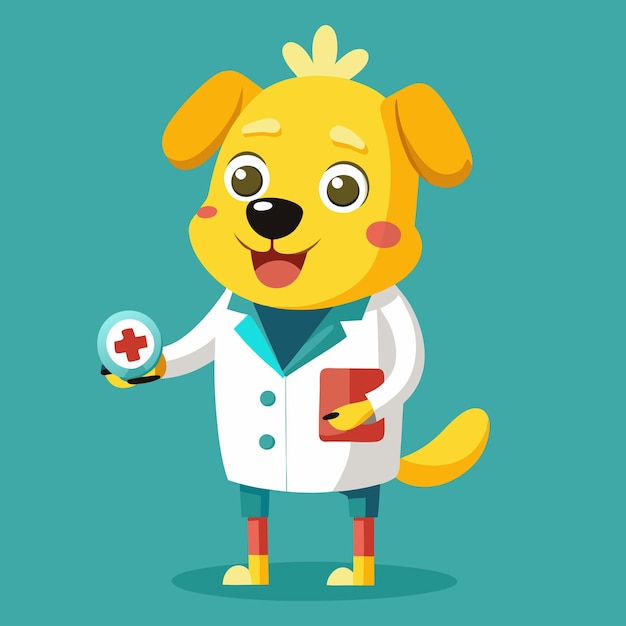 Vector a yellow dog with a white lab coat holding a medical medicine bottle