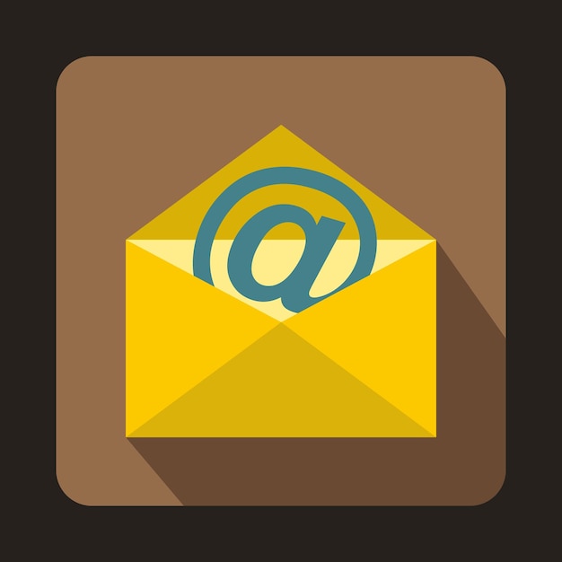 Yellow envelope with email sign icon in flat style on a coffee background