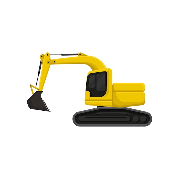 Yellow excavator with bucket and cab on rotating platform Heavy digging machine on crawler tracks Flat vector design