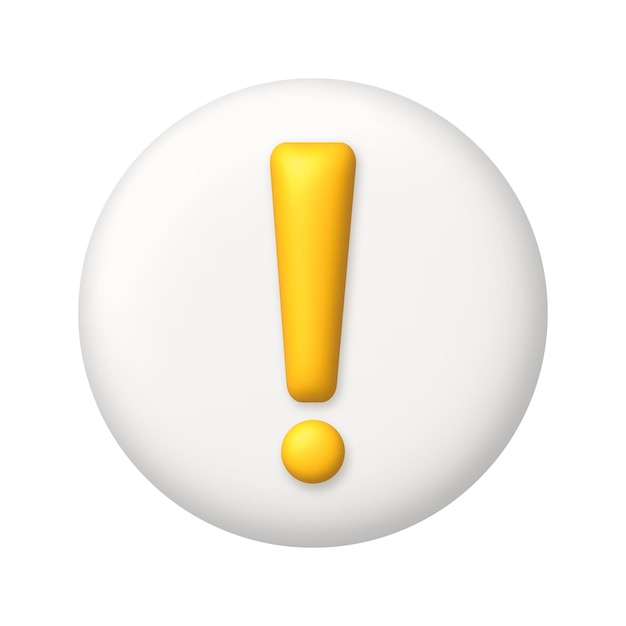 Yellow exclamation mark symbol on white button. 3d realistic vector design element