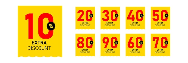 Yellow Extra discount sticker badge label banner set Discount label with 30 10 20 40 50