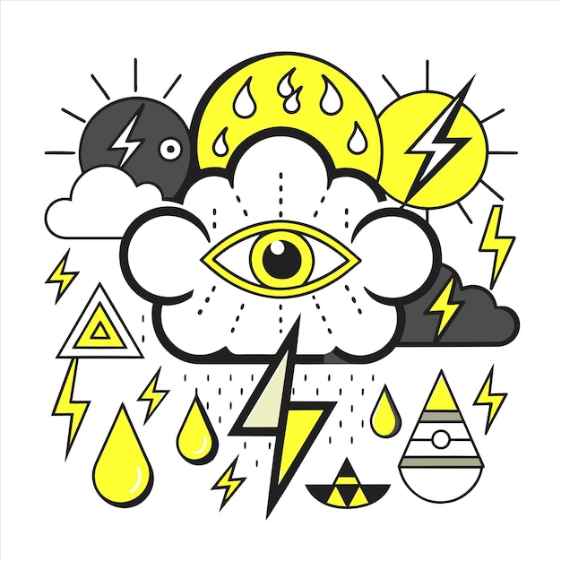 a yellow eye with a circle of lightning and a cloud