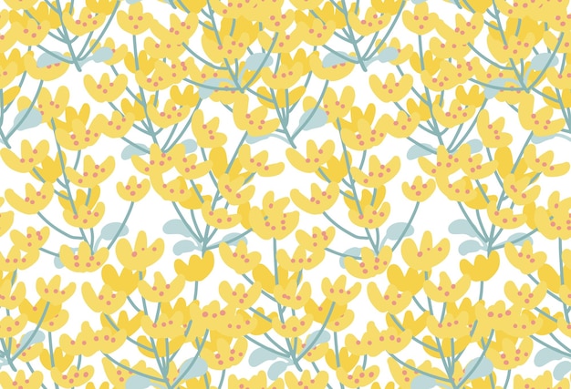 Yellow floral seamless pattern with leaves and small flowers vector flat hand drawn botanical backgr