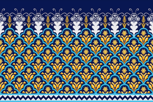 Yellow Flower on Navy Blue White Geometric ethnic oriental pattern traditional Design for backgroundcarpetwallpaperclothingwrappingBatikfabric vector illustration embroidery style