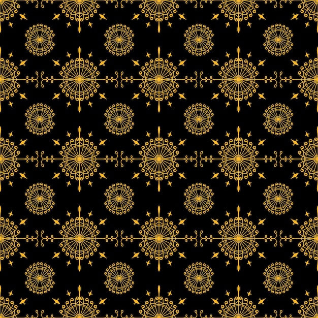 yellow flower ornament pattern on black background. unique, elegant, repeat, line and mandala style