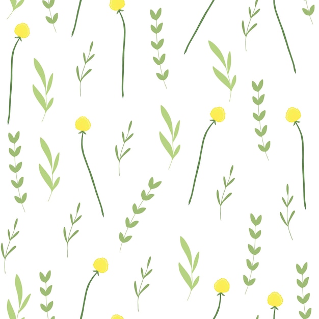 Yellow flower with light green leaves minimalistic seamless pattern