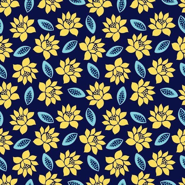 yellow_flowers_and_blue_leaves_pattern_on_dark_background