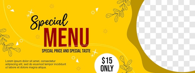 Vector yellow food banner. social media cover design. memphis background