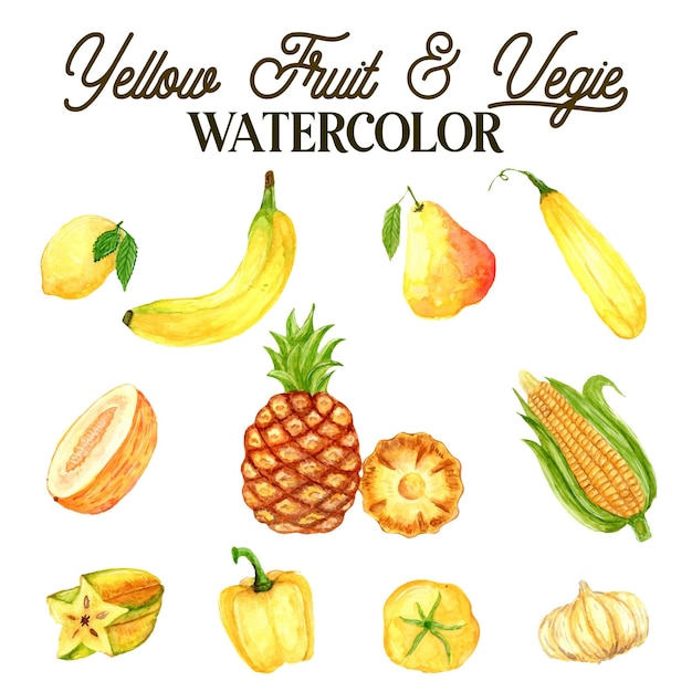 Yellow Fruits and Vegetables watercolor illustration