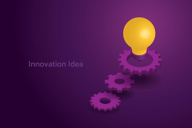 Yellow glowing light bulb and cog gears on purple background