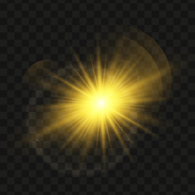 Yellow glowing light star, transparent shining sun, star explodes and bright flash, bright starburst