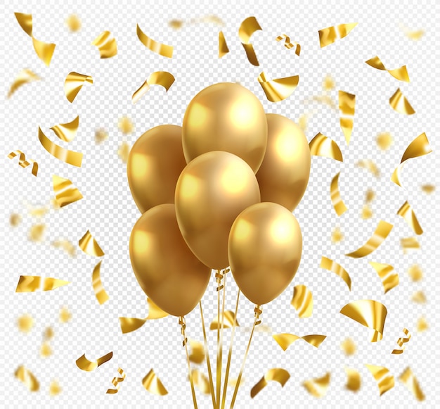 Yellow gold balloons and golden star confetti. Vector glossy realistic gold glossy baloon for holiday celebration greeting card