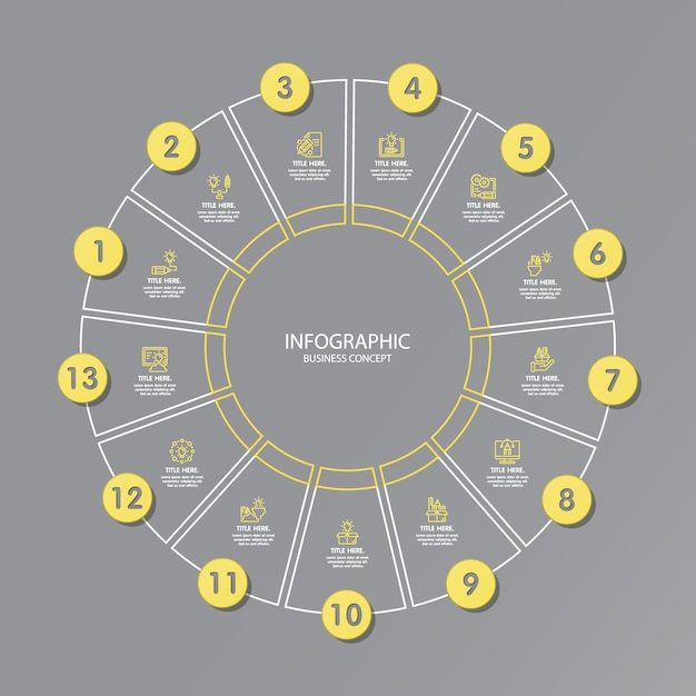 Yellow and Gray colors for circle infographic with thin line icons. 13 options or steps for infographics, flow charts, presentations, web sites, printed materials. Infographics business concept.