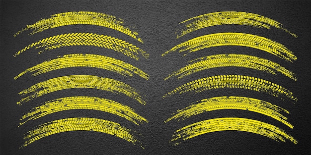 Vector yellow grunge tire tracks wheel braking marks truck car or motorcycle tread pattern silhouettes auto race motorsport speed racing design element asphalt texture vector illustration