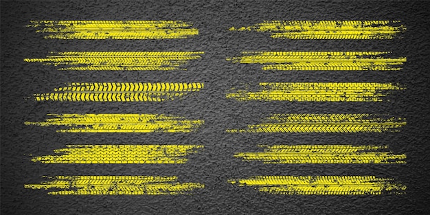 Vector yellow grunge tire tracks wheel braking marks truck car or motorcycle tread pattern silhouettes auto