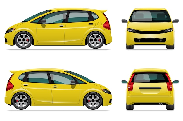 yellow hatchback car template, isolated on white background.