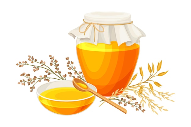 Yellow Honey in Glass Jar and Grain Crops as Thanksgiving Day Dessert Vector Illustration