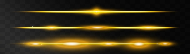 Yellow horizontal lens flares pack. Abstract set of light flares, laser beams,sparkling lined.Vector