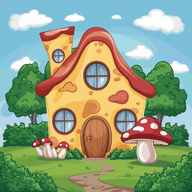 Vector a yellow house with a red roof and a mushroom on the front