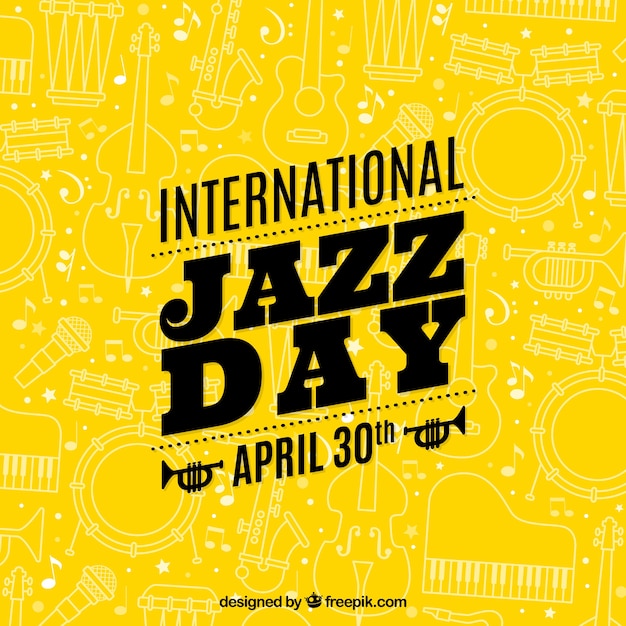 Yellow international jazz day background with sketches