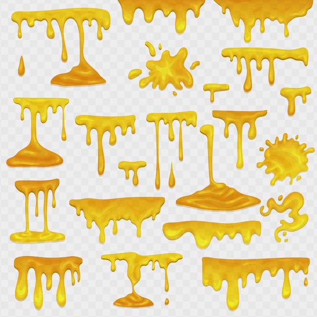 Yellow juice or honey blots set maple syrup caramel and sweet sugar sauce melting and leaking desser