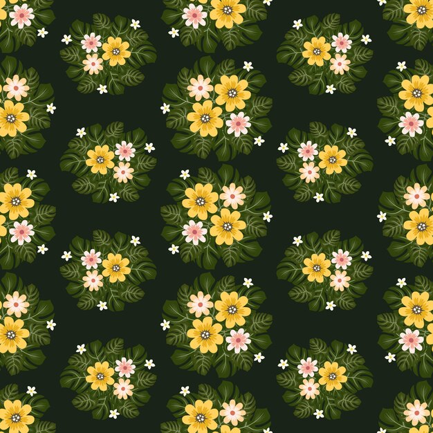 Yellow jungle flowers wreath ivy style with branch and leaves, Seamless pattern