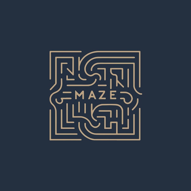 yellow labyrinth logo with the words MAZE in the middle isolated blue background