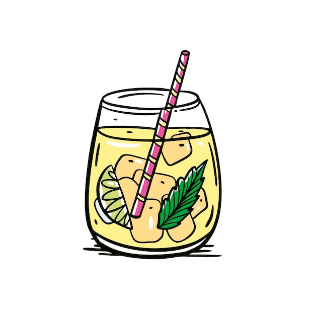 Yellow lemon cocktail or drink water. Hand drawn colorful sketch art.