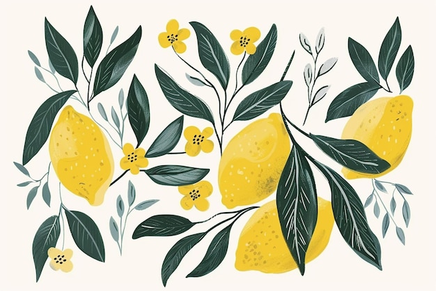 Vector yellow lemons with green leaves