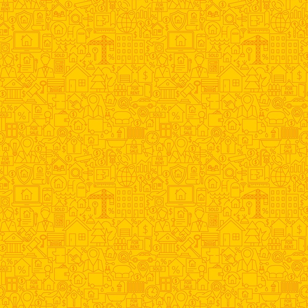 Yellow Line Real Estate Seamless Pattern. Vector Illustration of Outline Tile Background. House Building Items.