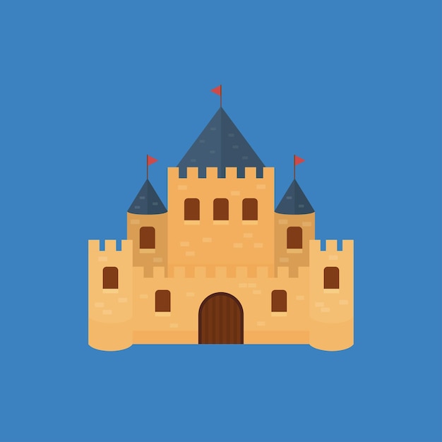 Yellow medieval castle fortress ancient building vector cartoon flat design on blue background