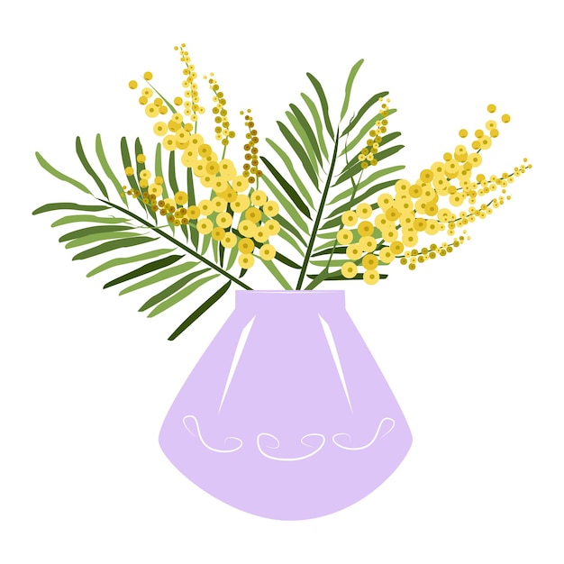 Vector yellow mimosas in lilac vase flowers hand drawn illustration isolated on white background