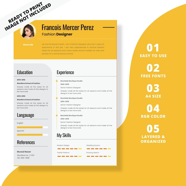 Yellow Minimalist Fashion Designer Resume Tempate Vector EPS