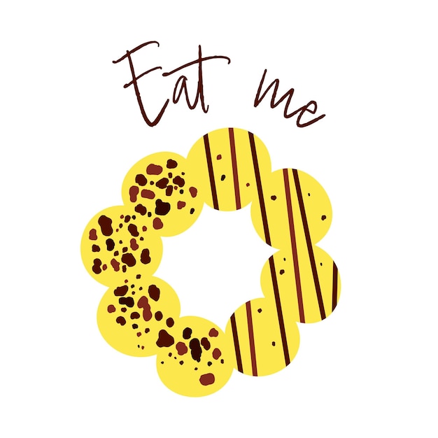 Yellow mochi donuts with chocolate crumb and topping The phrase eat me Cartoon vector illustration