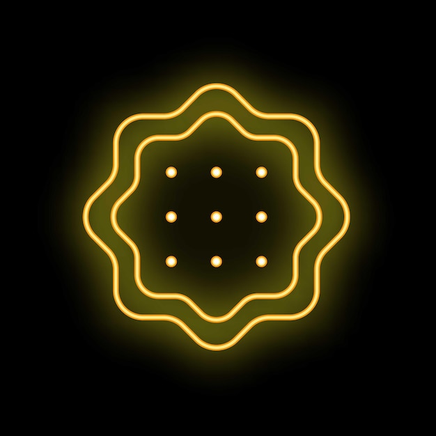 Yellow neon sign of round cookie on black background