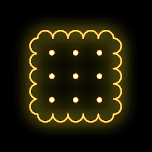 Yellow neon sign of square cracker with rounded edges glowing in the dark