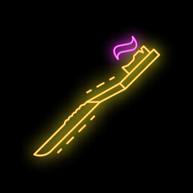 Vector yellow neon toothbrush with toothpaste on black background