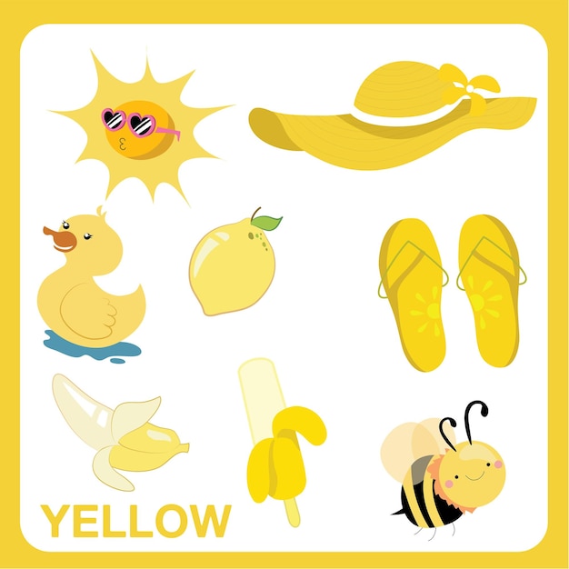 Yellow objects worksheet for children. Education about color. Vector illustration file.