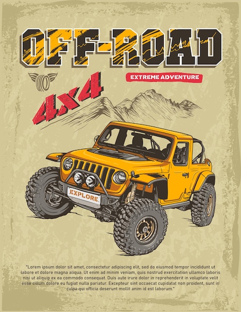 Yellow Offroad jeep on mountain terrain extreme adventure hand drawn vector illustration